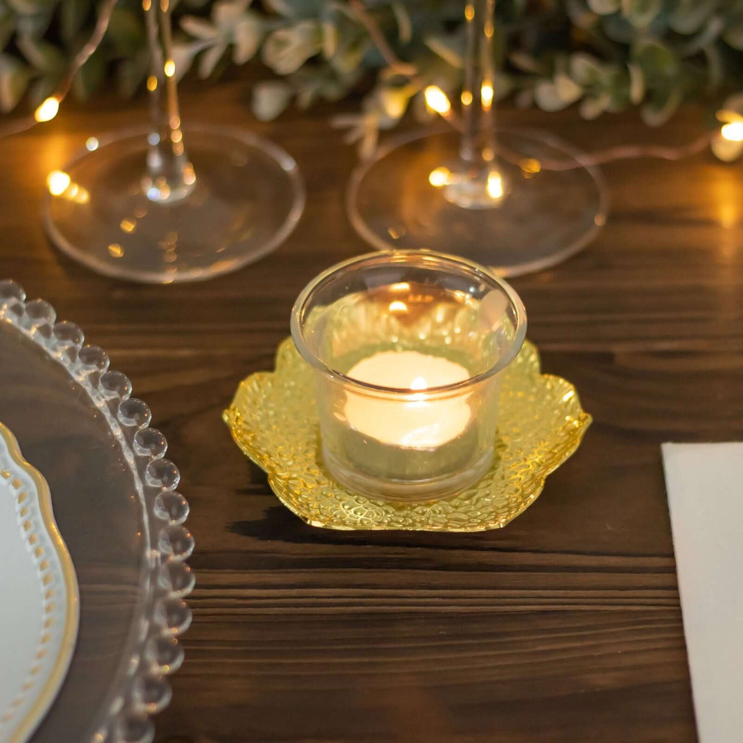 3-Pack Metal Votive Candle Holders Plum Blossom Design Shiny Gold - Vintage Mini Tea Cup Saucers 4"