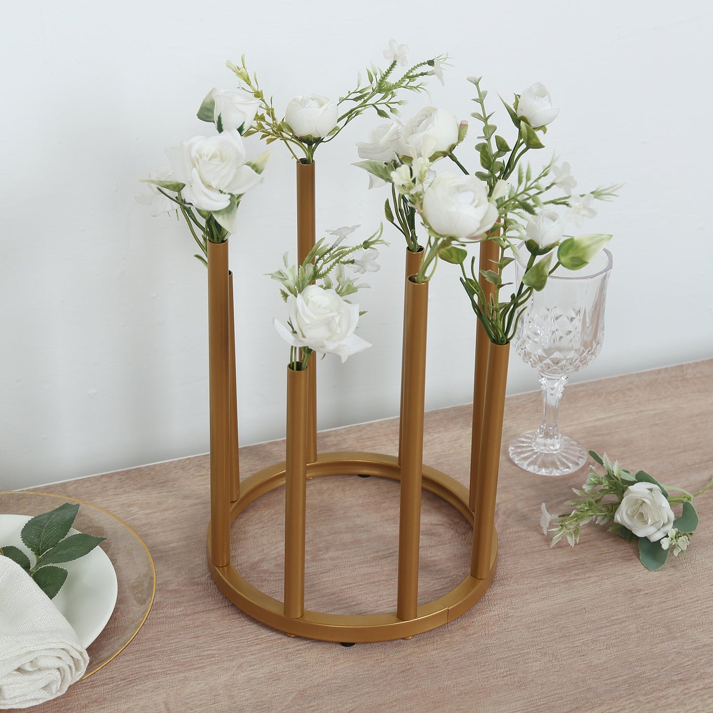 Flower Vase Gold Metal Minimalist 8-Tubes Round Base Design - Single Stem Bud Centerpiece for Arrangements 10"