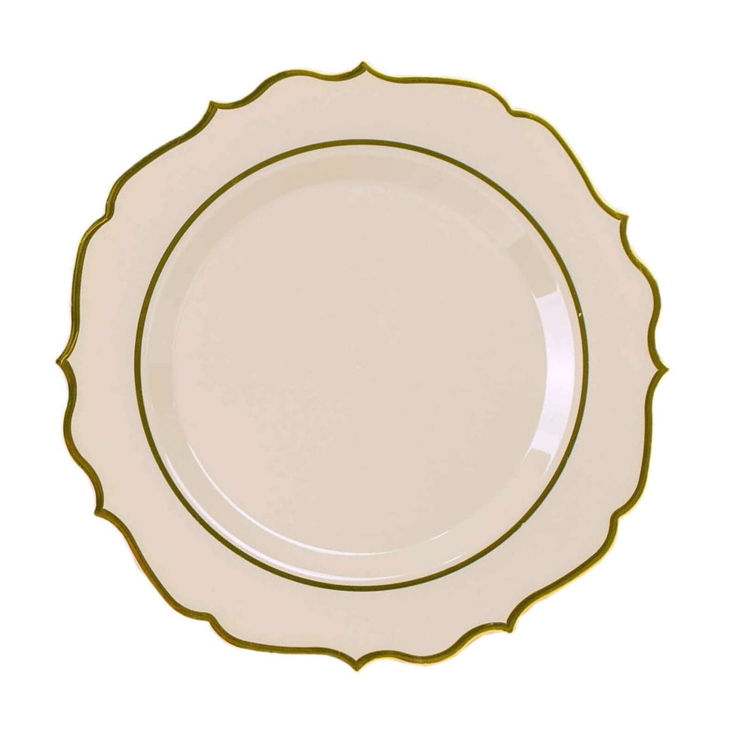 10-Pack Plastic 10" Round Dinner Plates in Taupe with Gold Scalloped Rim - Disposable Party Plates