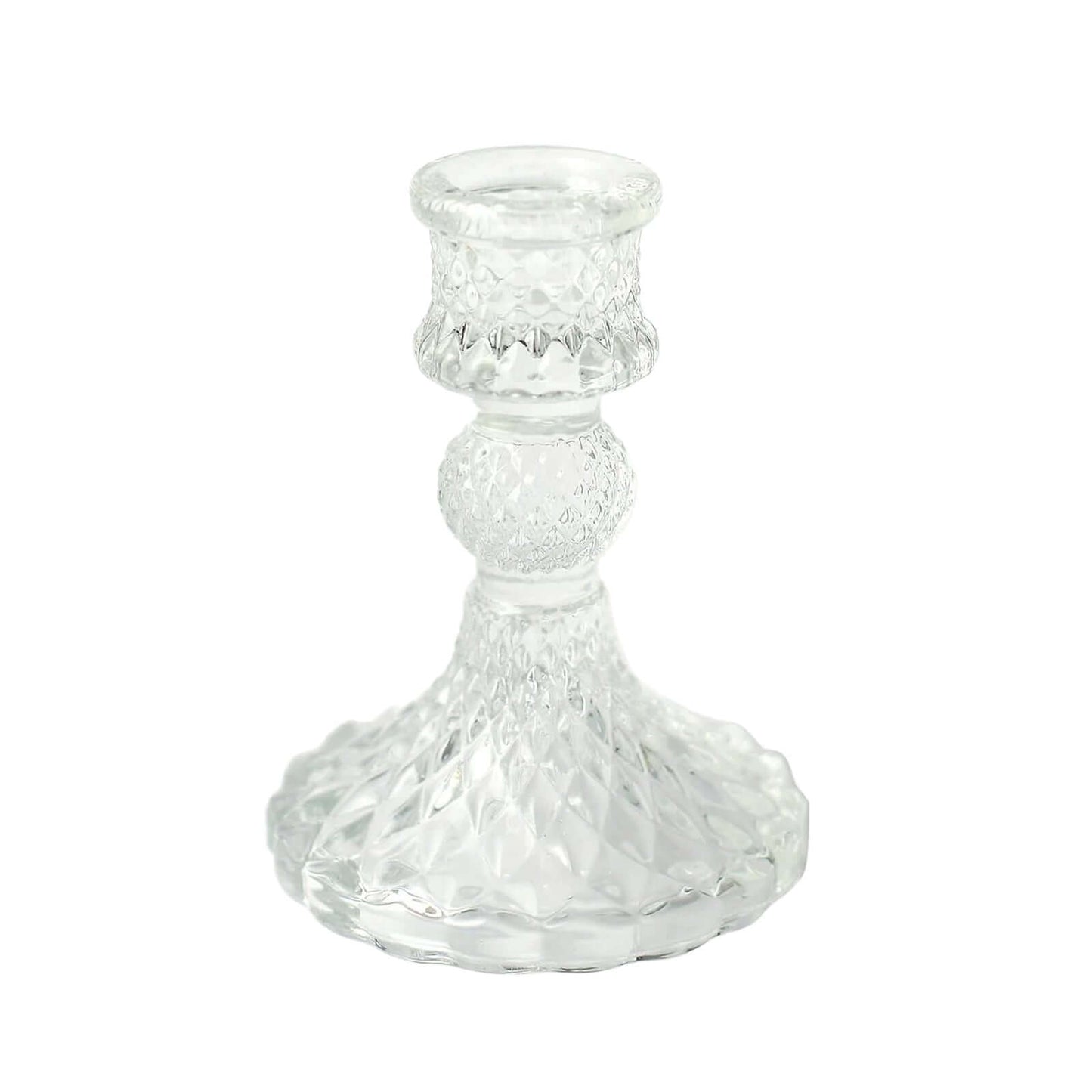 6-Pack Glass Taper Candlestick Holders Diamond Pattern Design Clear - Reversible Crystal Pillar Votive Stands 4"