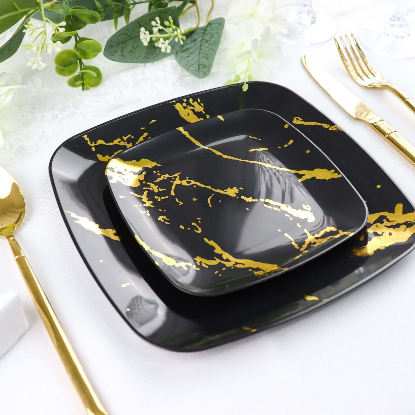 10-Pack Plastic 8" Square Dessert Plates in Black with Gold Marble Design - Disposable Appetizer Salad Party Plates