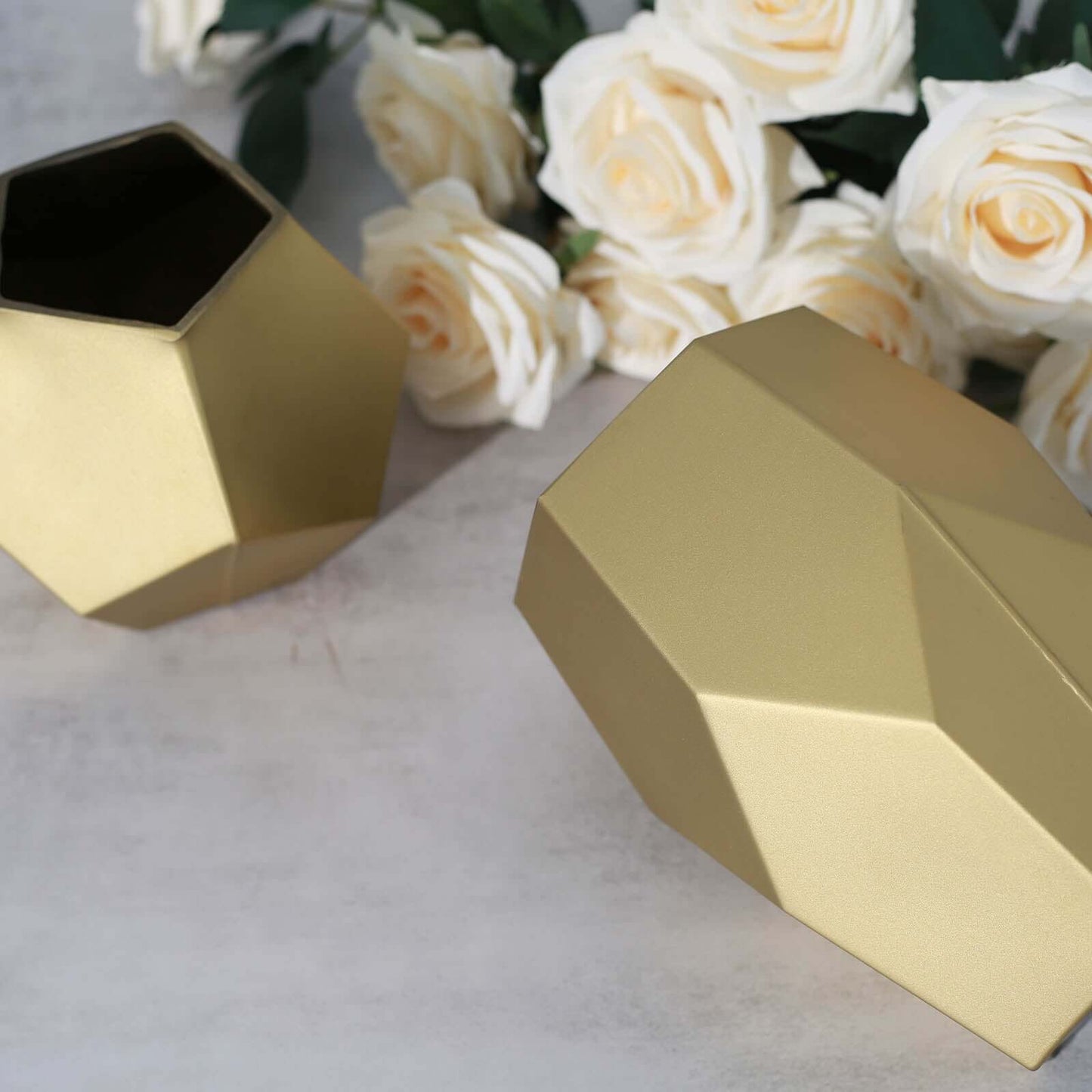Set of 2 Glass Flower Vases Geometric Design Matte Gold - Stylish Modern Candle Holder Centerpieces 5", 8"