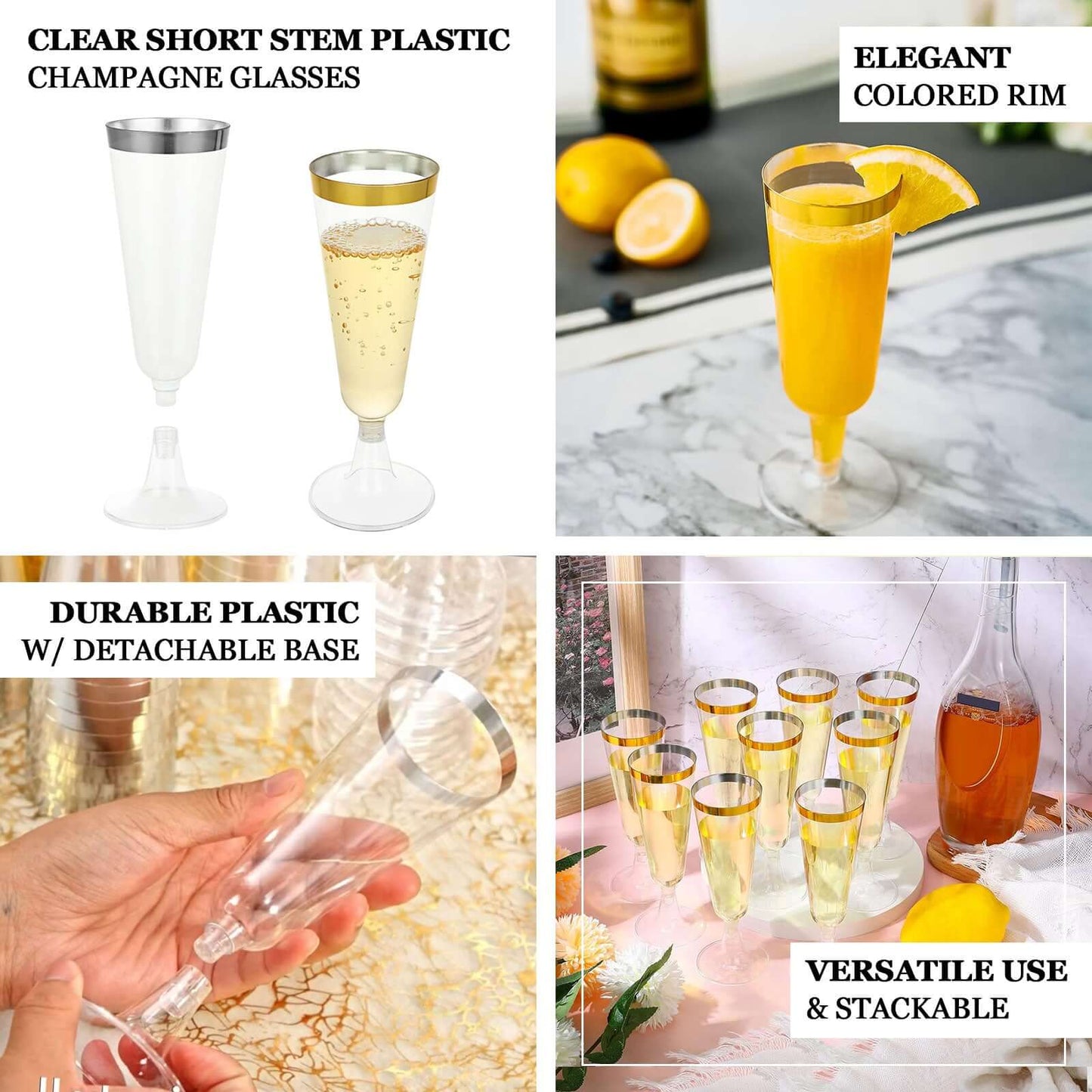 12-Pack Plastic Champagne Flutes Clear with Silver Rim - Stylish Disposable Cocktail Glasses for Parties 5oz 6"