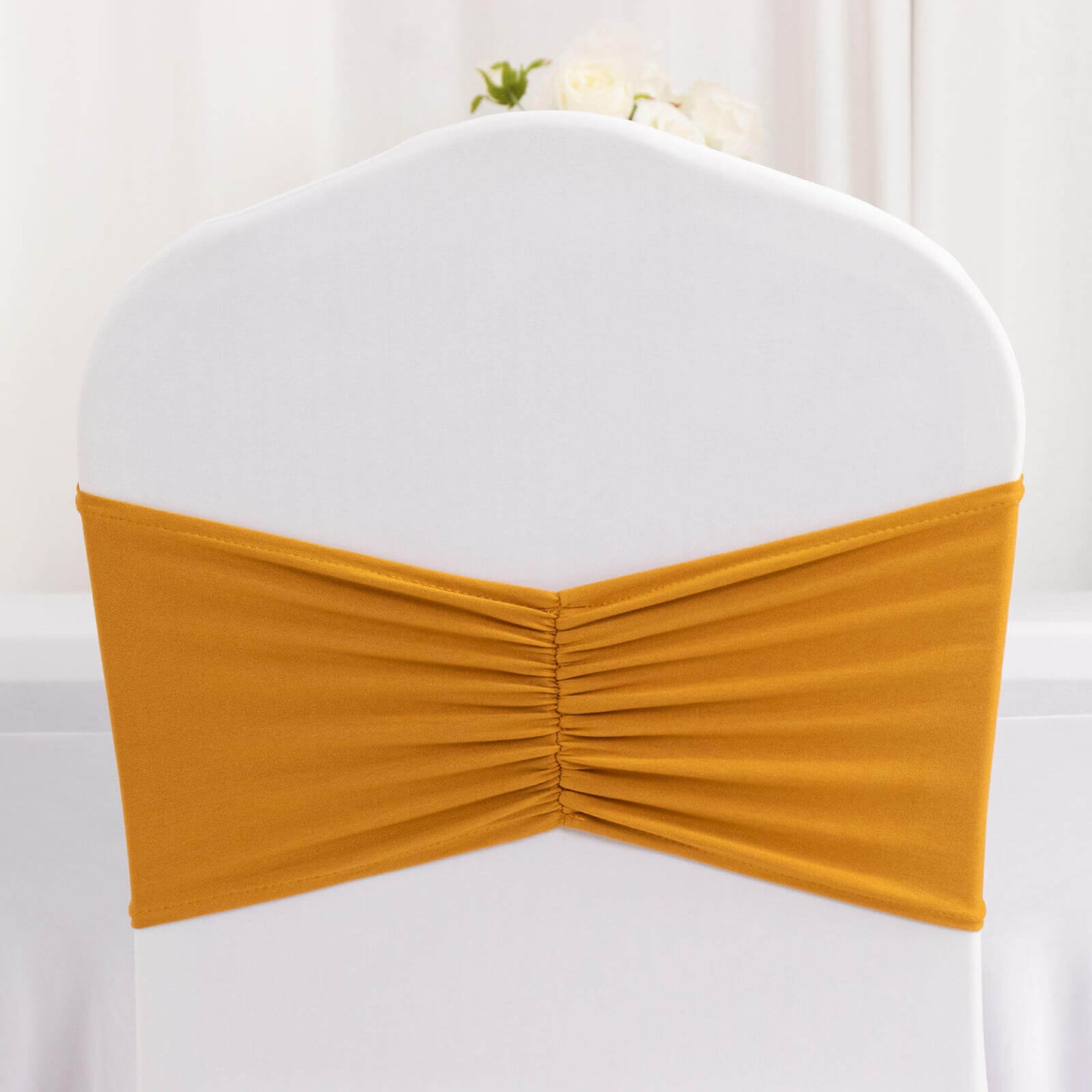 5 Pack Spandex Chair Sashes Gold Ruffled Style - Wide Easy to Use Stretch Chair Bands for Classy Wedding and Event Decor 8"x13"