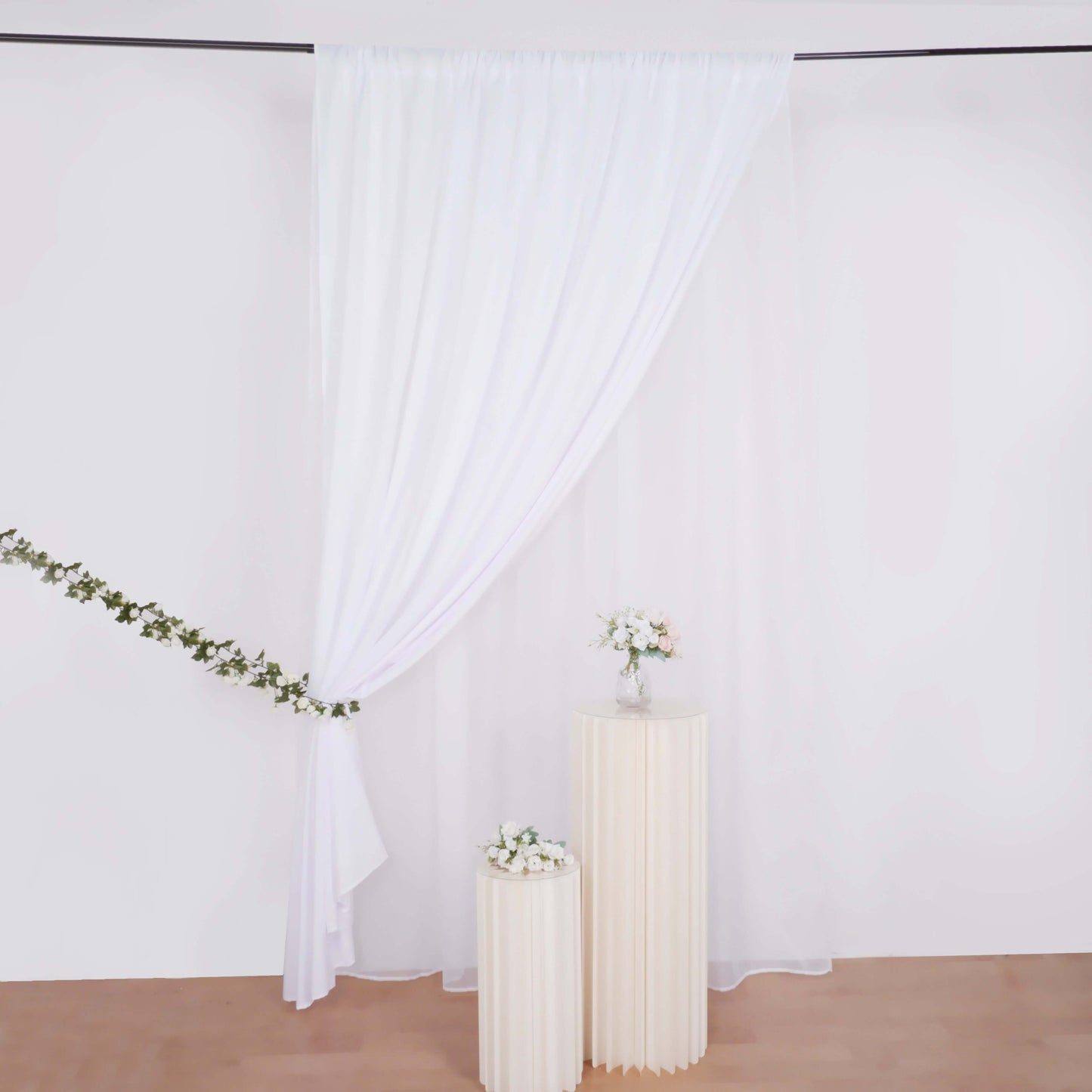 White Chiffon Polyester Event Curtain Drapes, Dual Layer Divider Backdrop Curtain Panels with Rod Pockets - 10ftx10ft