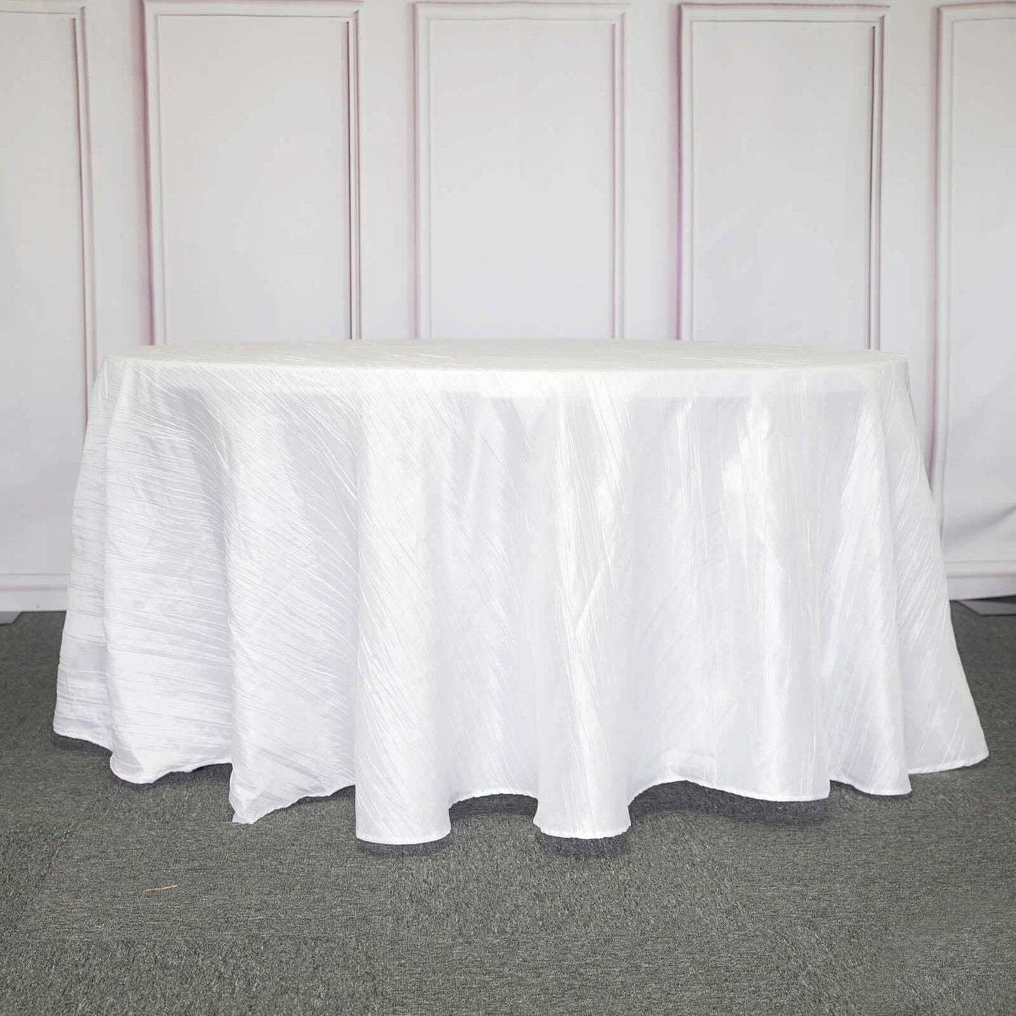 Taffeta 120" Round Tablecloth White - Seamless Accordion Crinkle Design for Stylish Occasions