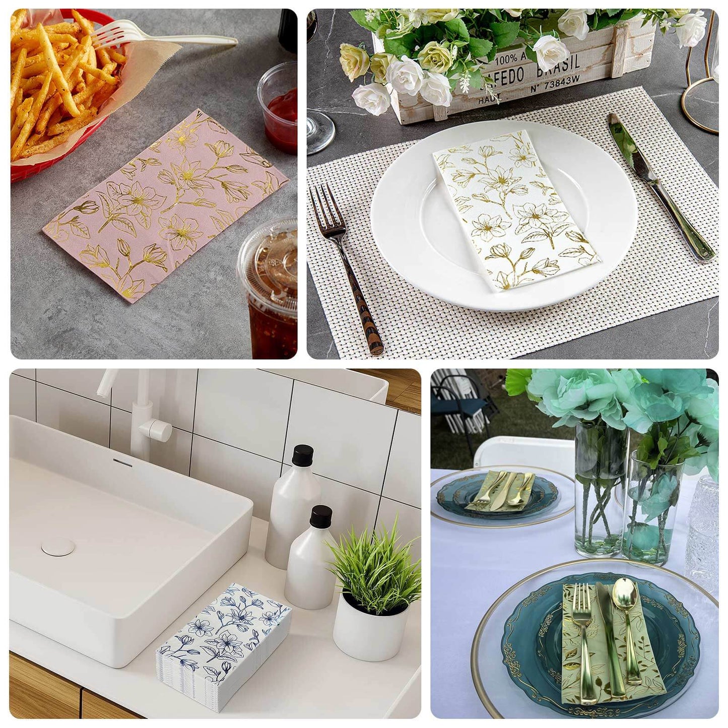 50-Pack Paper Dinner Napkins White with Gold Magnolia Flowers Print 2-Ply - Disposable Soft Napkins for Parties