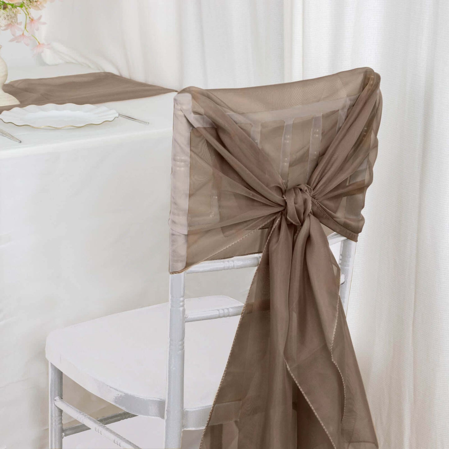 5 Pack Chiffon Chair Sashes Taupe - Soft & Lightweight Designer Chair Bows 22"x78"