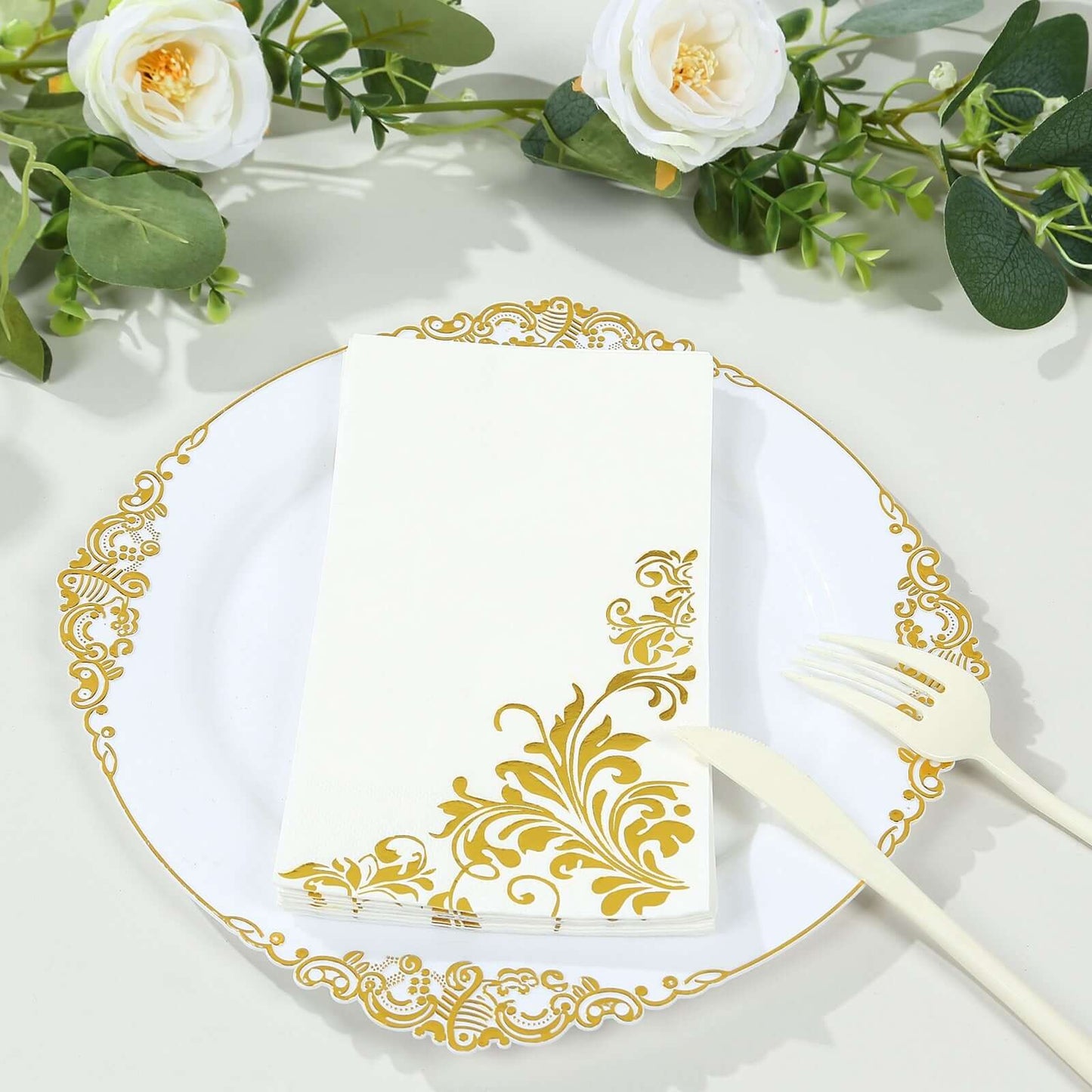 50-Pack Paper Napkins White with Gold Baroque Floral Print - Stylish Disposable Dinner Napkins 8"x4"