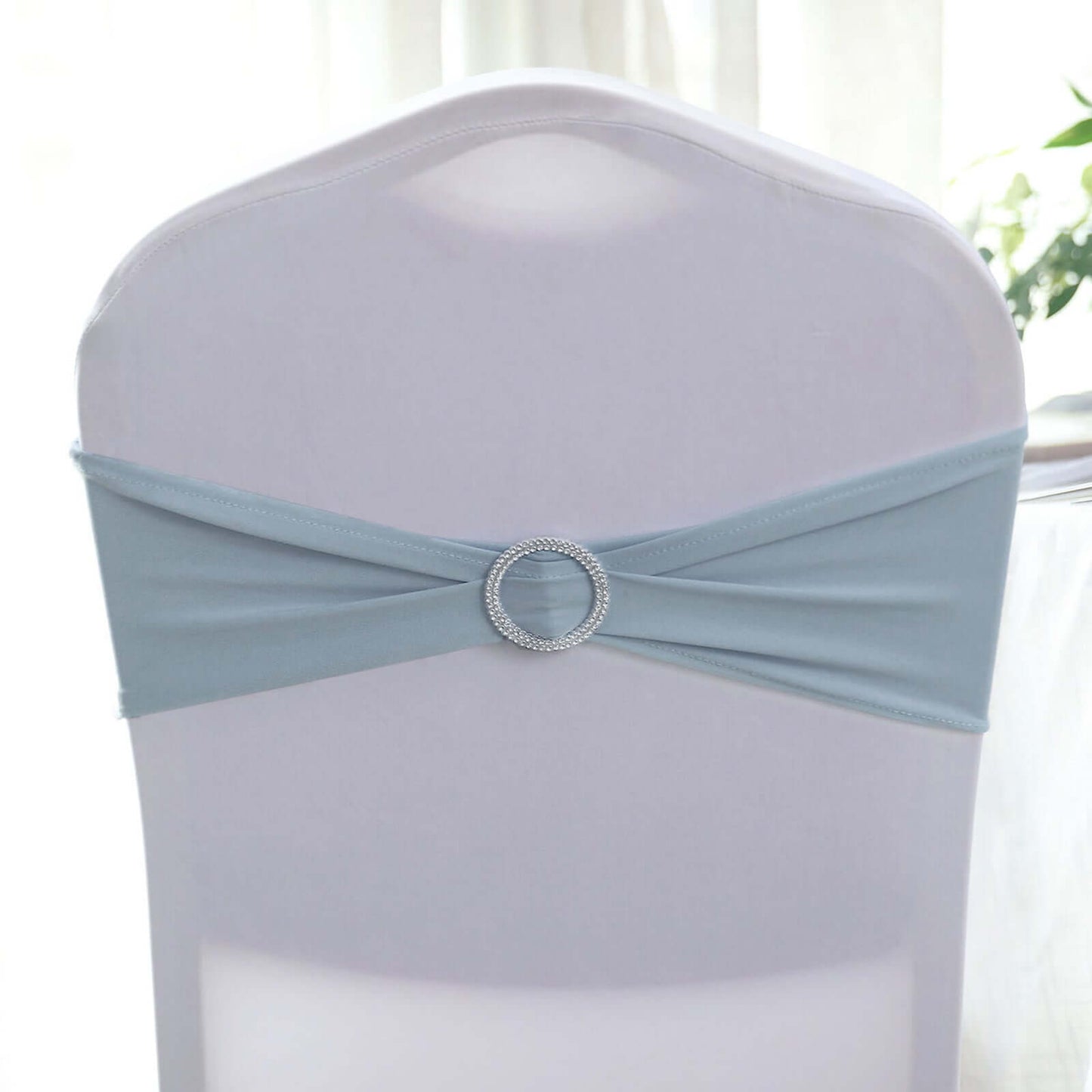 5 Pack Stretch Spandex Chair Sashes Dusty Blue - Reusable Chair Bands with Silver Diamond Ring Slide Buckle 5"x14"
