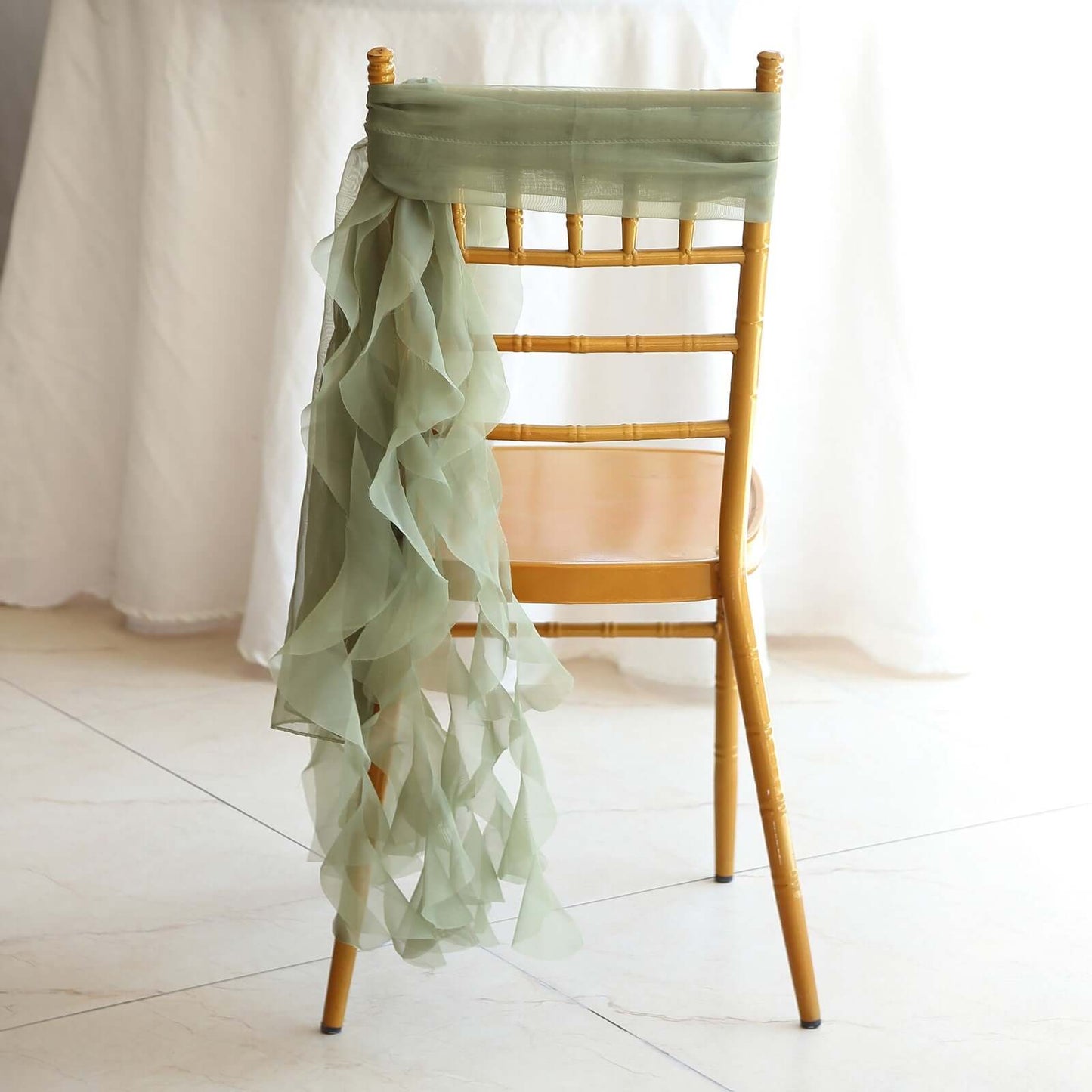 1 Set Chiffon Hoods Chair Sashes with Willow Ruffles Design Dusty Sage Green - Stylish Chair Bow Decor