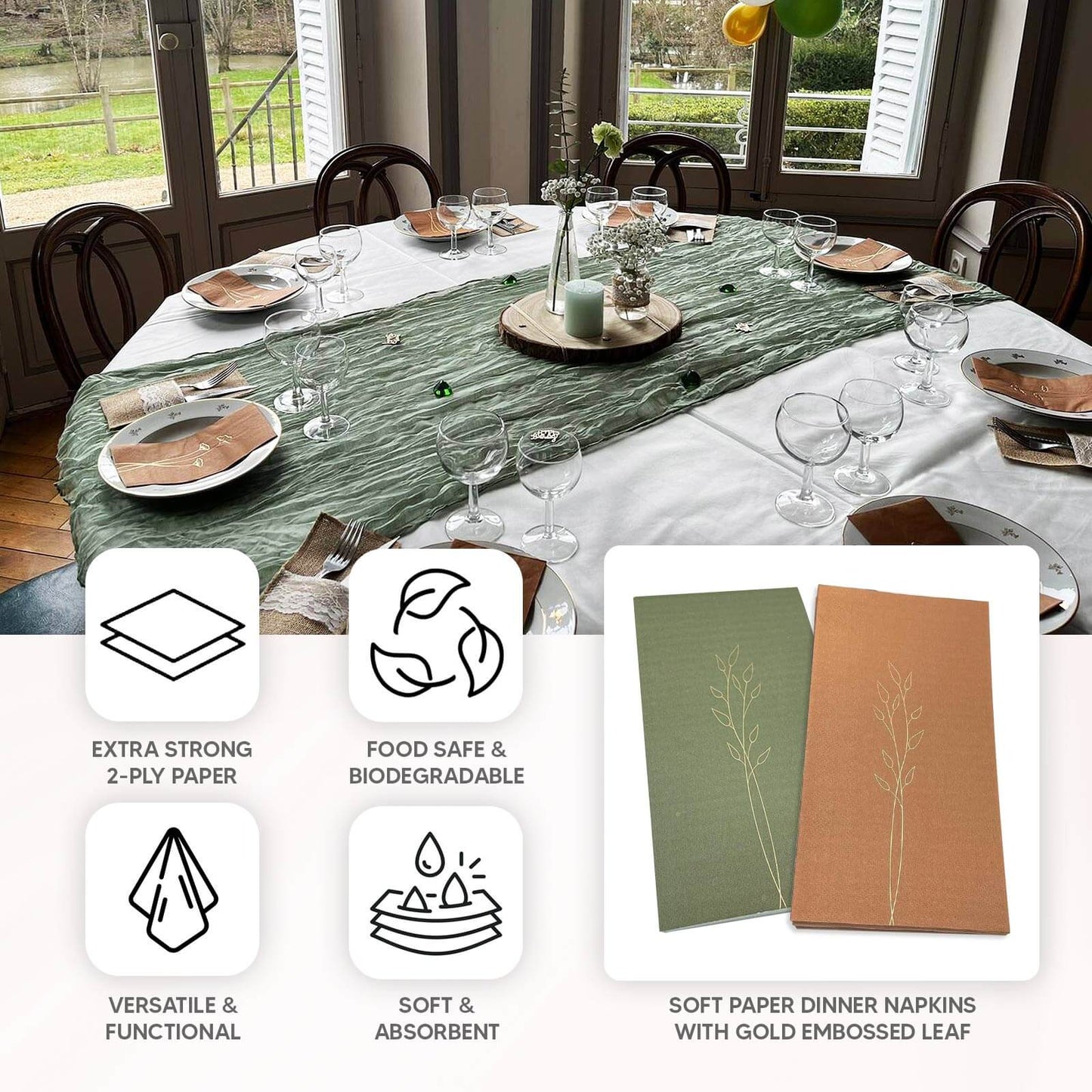 50-Pack Paper Dinner Napkins Dusty Sage Green with Gold Embossed Leaf - Stylish 2-Ply Disposable Napkins for Weddings 18GSM