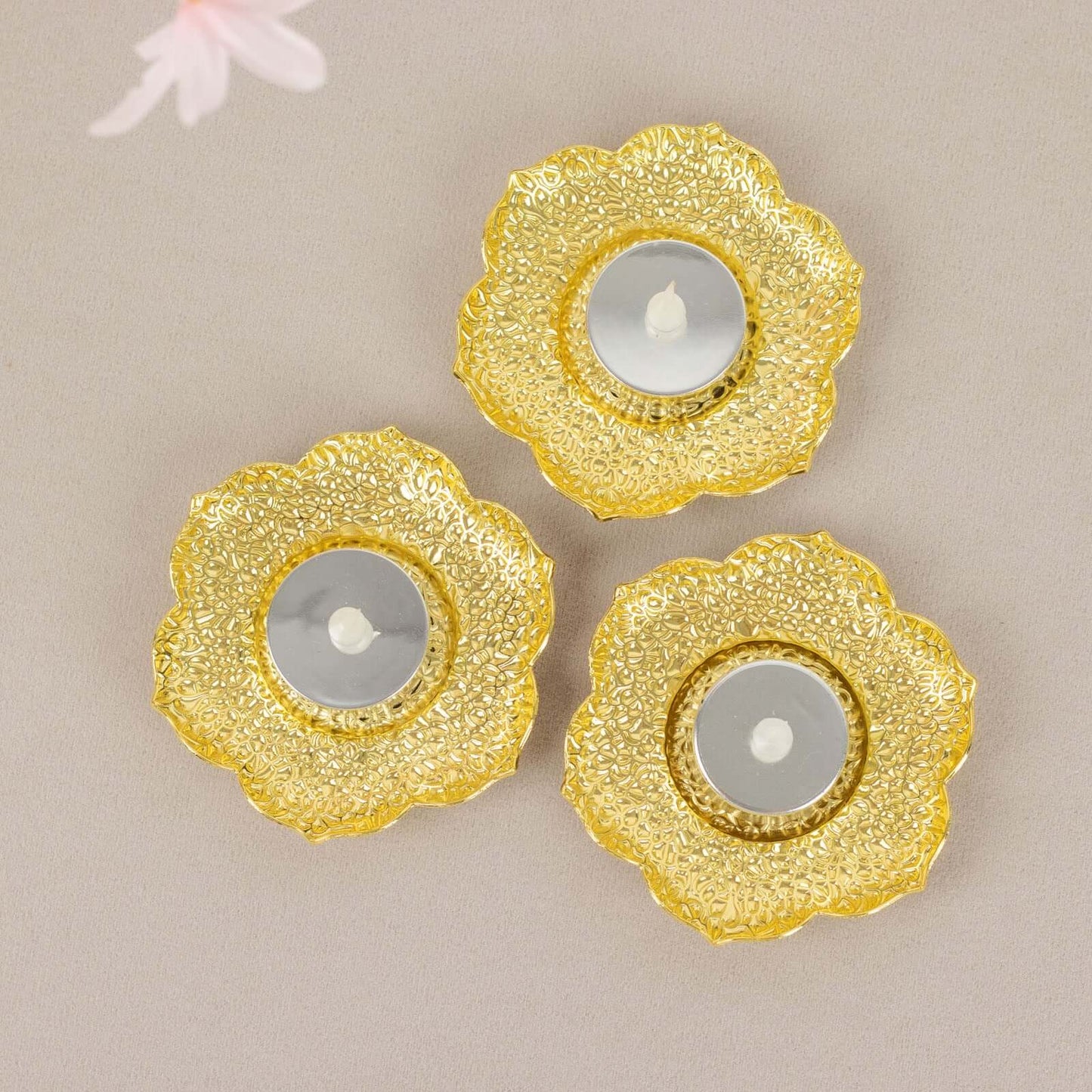 3-Pack Metal Votive Candle Holders Plum Blossom Design Shiny Gold - Vintage Mini Tea Cup Saucers 4"