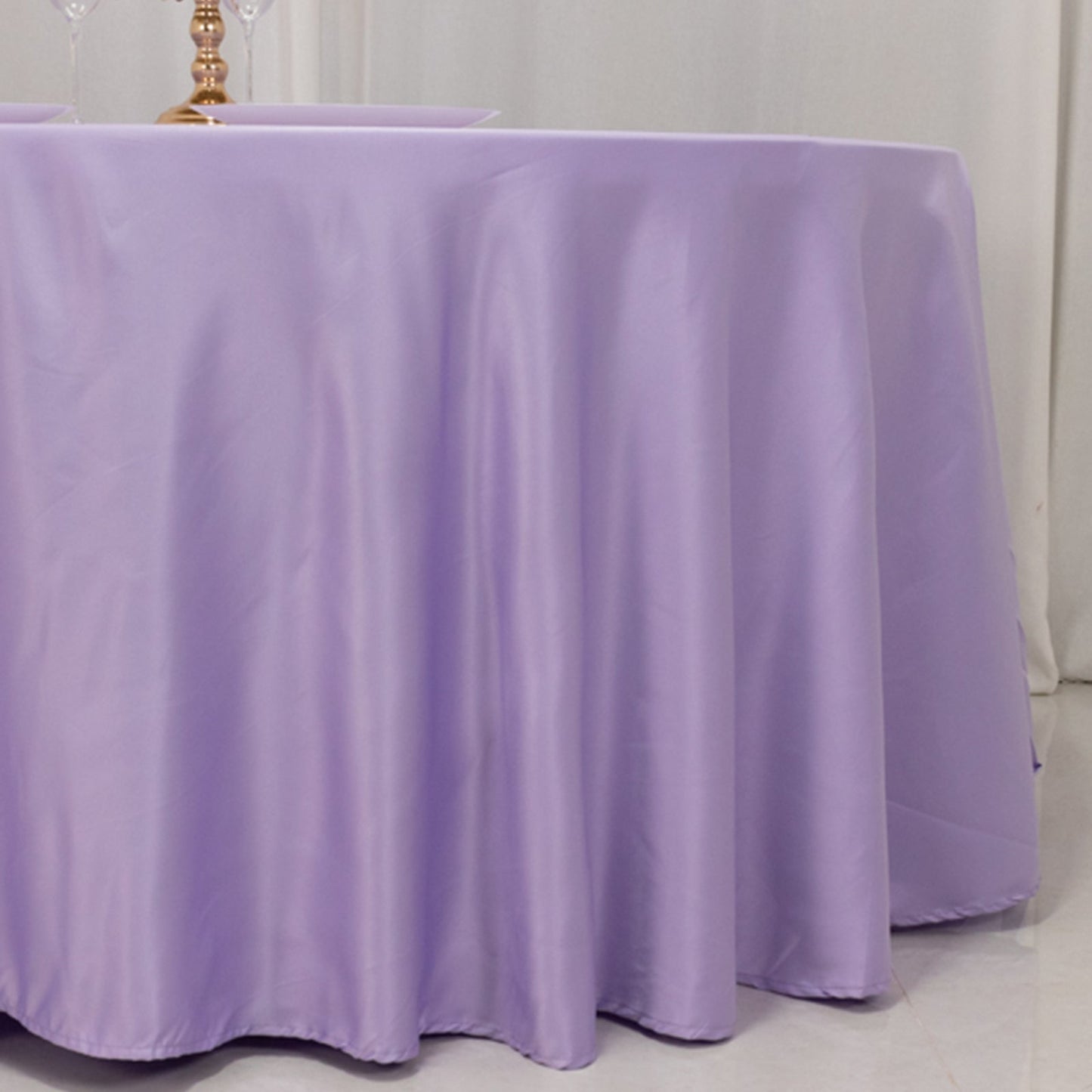 Lamour Satin 120" Round Tablecloth Lavender Lilac - Seamless Table Cover with Soft Tempered Sheen