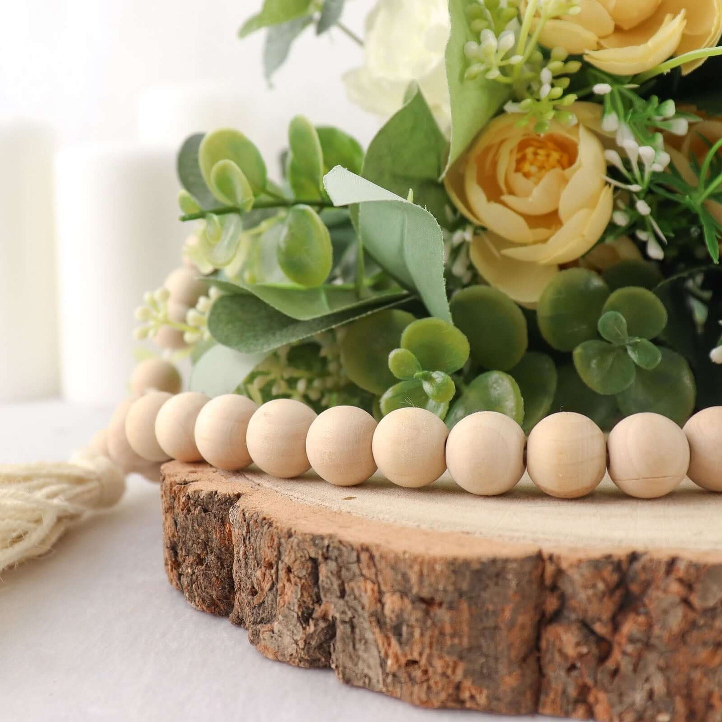 55" Cream Rustic Boho Chic Wood Bead Garland With Tassels, Farmhouse Country Wood Bead Chain