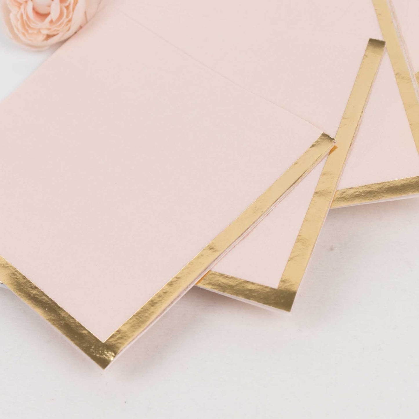 50-Pack Paper Beverage Napkins Blush with Gold Foil Edge - 2 Ply Disposable Soft 18GSM Cocktail Napkins 5"x5"