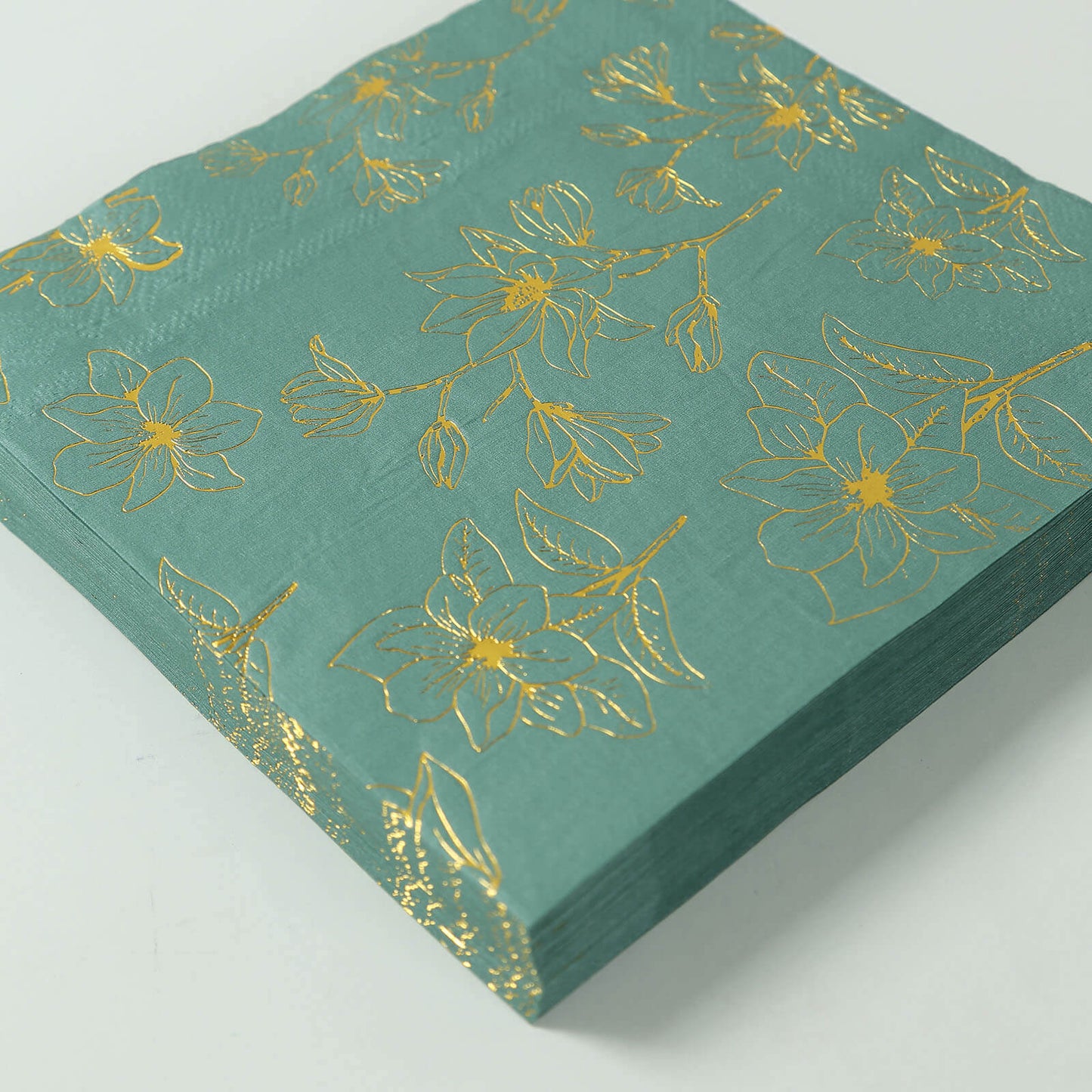 50-Pack Paper Cocktail Napkins with Gold Magnolia Flowers Print Dusty Sage Green - Highly 2 Ply Absorbent Soft Napkins for Beverages