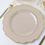 10-Pack Plastic Dinner Plates in Taupe Baroque Design with Scalloped Gold Rim - Heavy Duty Disposable Party Plates 11"
