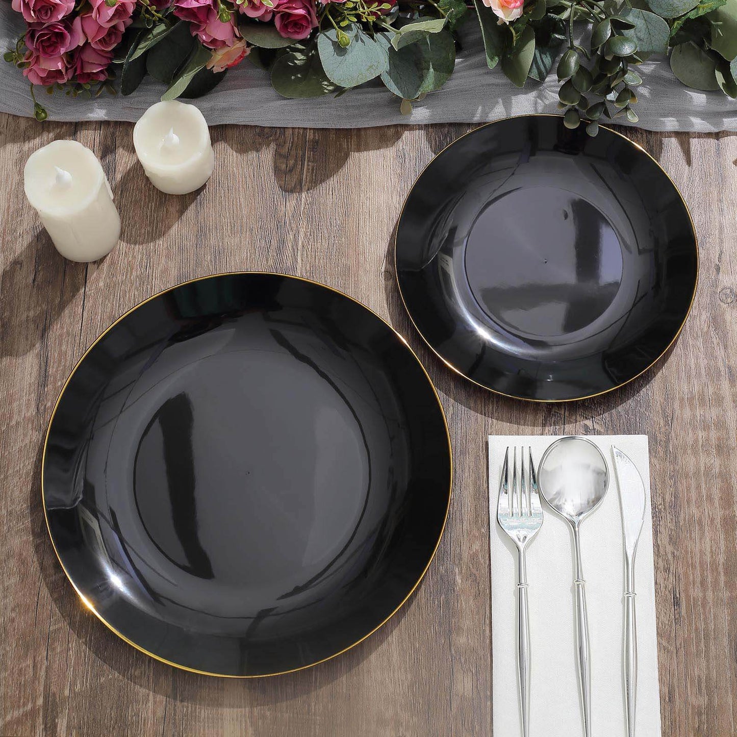 10-Pack Plastic 10" Round Dinner Plates in Black with Gold Rim - Glossy Disposable Party Plates