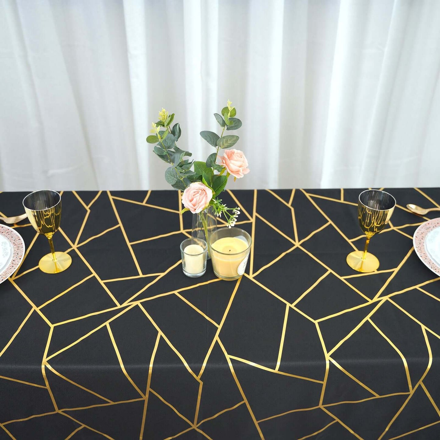 Polyester 60"x102" Rectangle Tablecloth Black with Gold Foil Geometric Pattern - Wrinkle-Resistant & Durable Table Cover