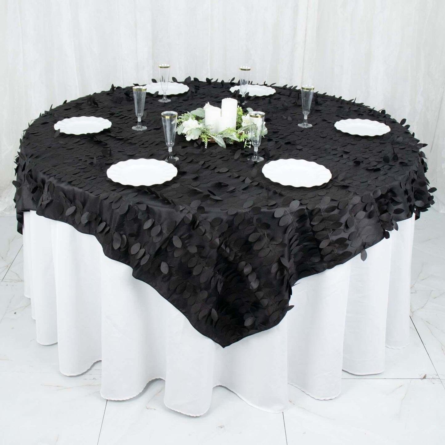 Taffeta 72"x72" Table Overlay Square Tablecloth Black - 3D Leaf Petal Table Cover
