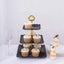 3-Tier Plastic Square Cupcake Stand Tower Black - Charming Disposable Dessert Display Serving Tray Platter with Heart Wavy Edge & Gold Top Handle for Tea Parties Weddings & Special Occasions 13"