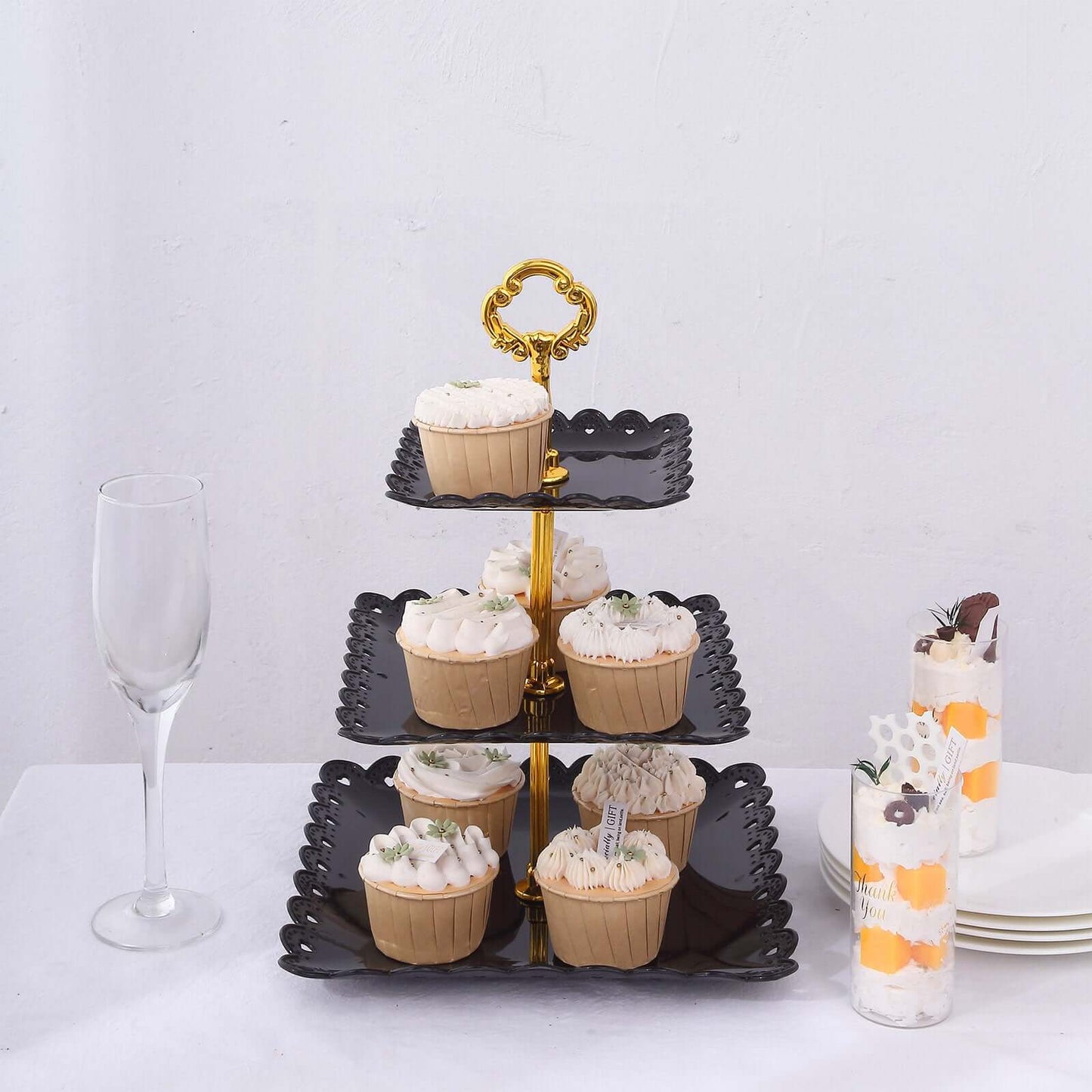 3-Tier Plastic Square Cupcake Stand Tower Black - Charming Disposable Dessert Display Serving Tray Platter with Heart Wavy Edge & Gold Top Handle for Tea Parties Weddings & Special Occasions 13"