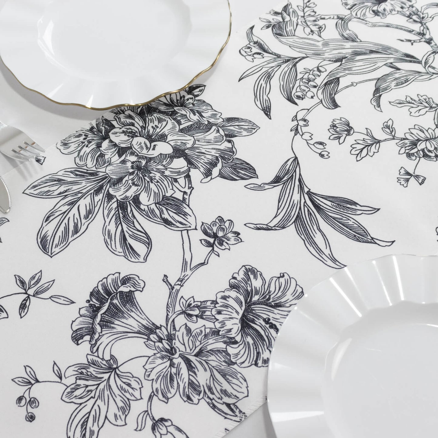 Polyester Table Runner 12"x108" White with Black French Toile Floral Print Reusable Table DÃ©cor