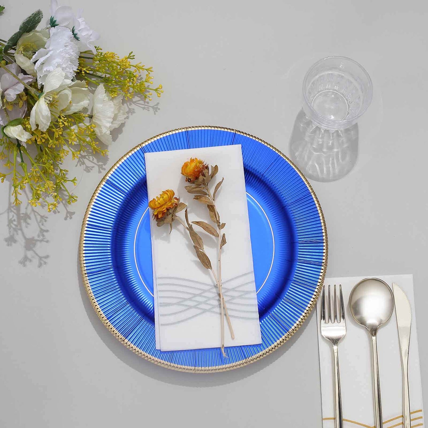 25-Pack Paper 10" Round Dinner Plates in Royal Blue Sunray Design with Gold Rim - Disposable Heavy Duty 350GSM Party Plates