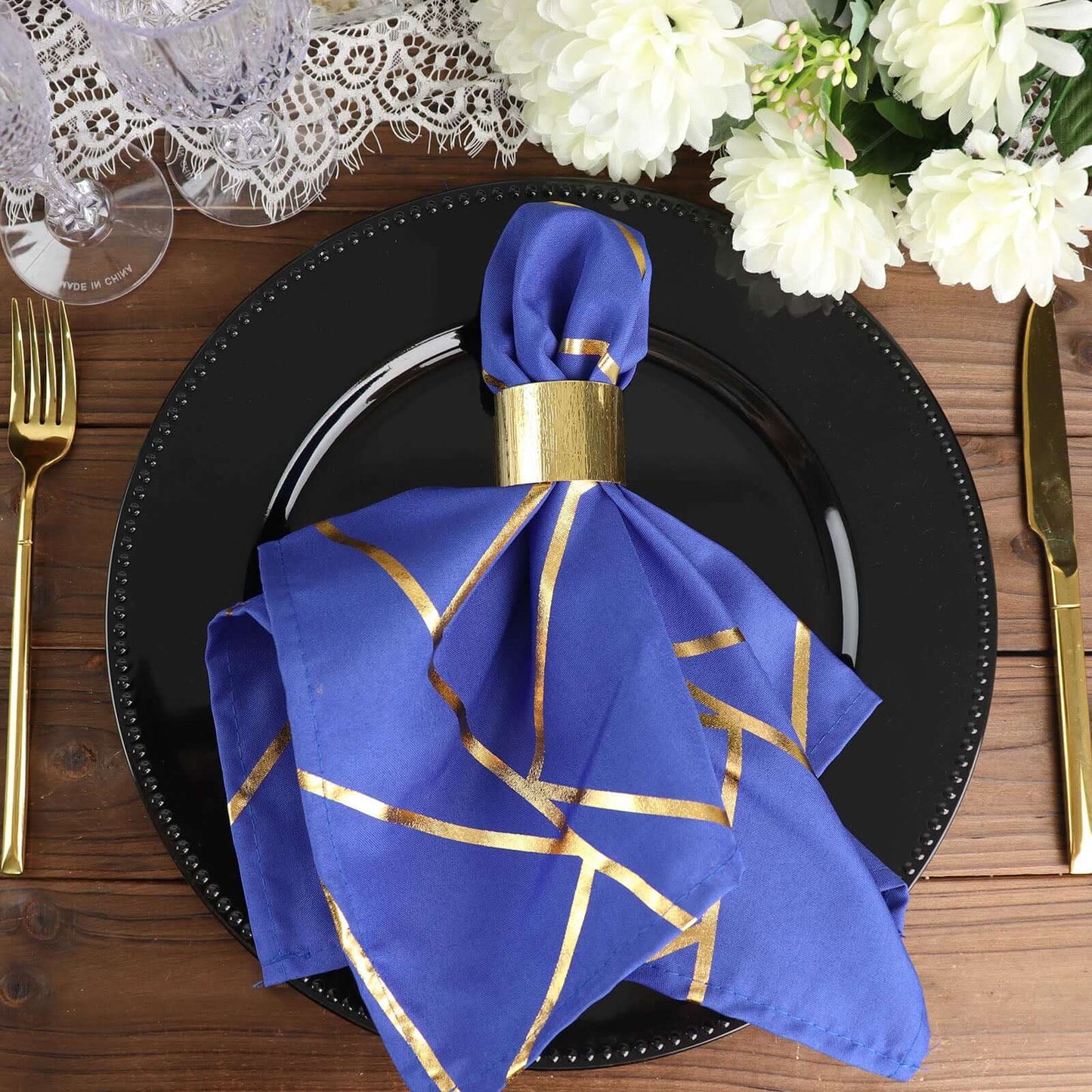 5 Pack Polyester 20"x20" Napkins Royal Blue with Gold Geometric Foil Pattern - Modern Reusable Dinner Napkins