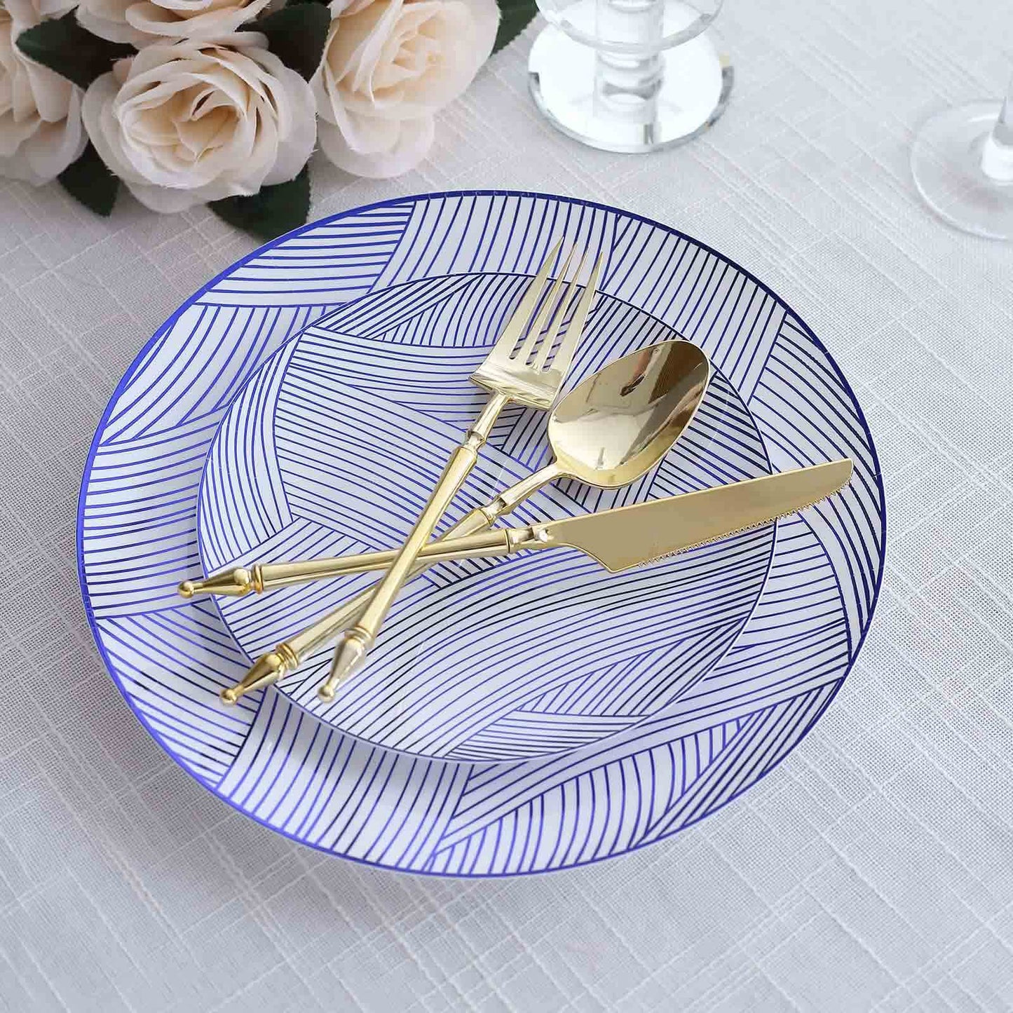 10-Pack Plastic 7" Round Dessert Plates in White with Blue Wave Brush Strokes Pattern - Disposable Appetizer Salad Plates