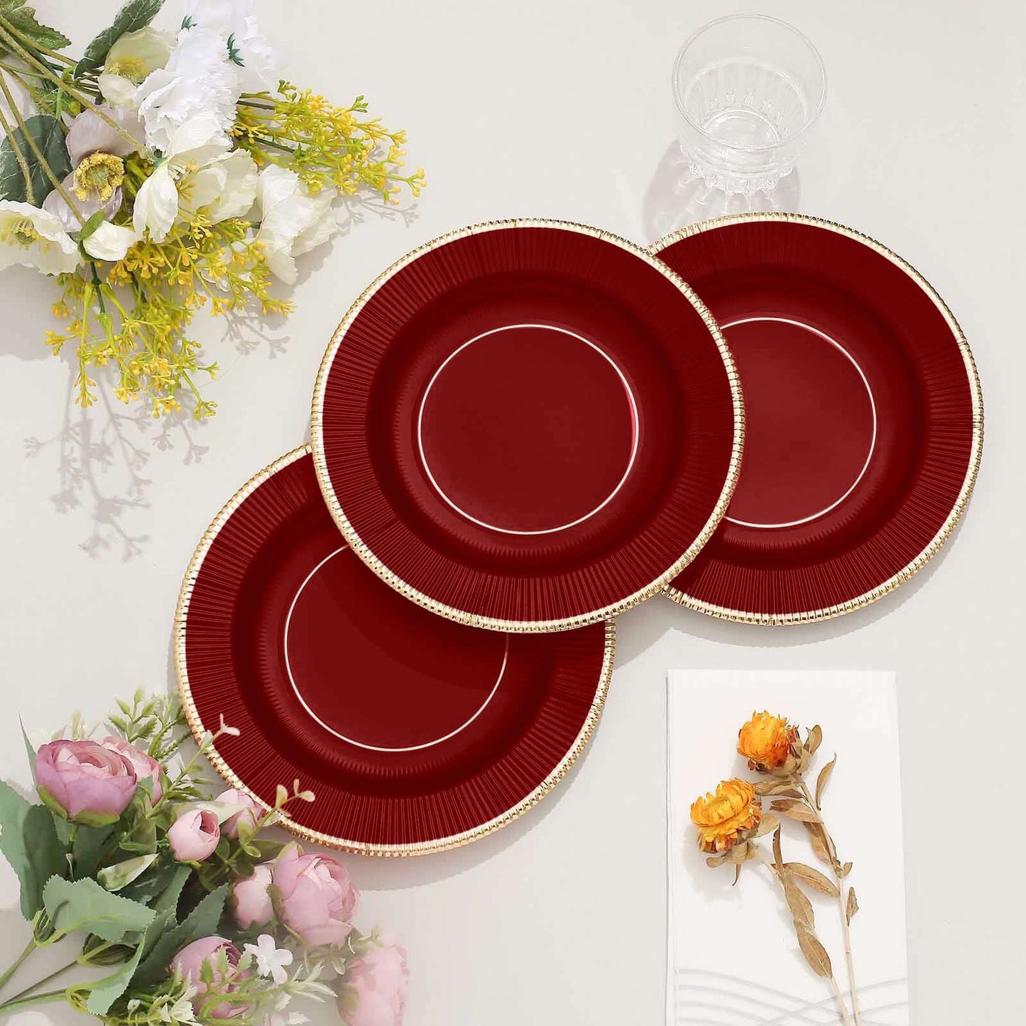25-Pack Paper 8" Round Dessert Plates in Burgundy Sunray Design with Gold Rim - Disposable Heavy Duty 350GSM Appetizer Salad Plates
