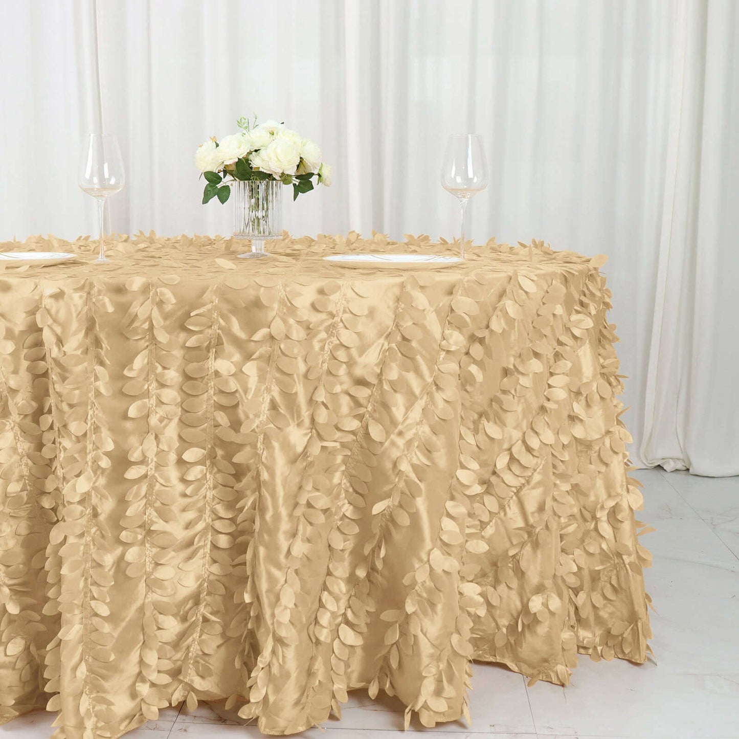 Taffeta 132" Round Tablecloth Champagne | 3D Leaf Petal Design Seamless Table Cover