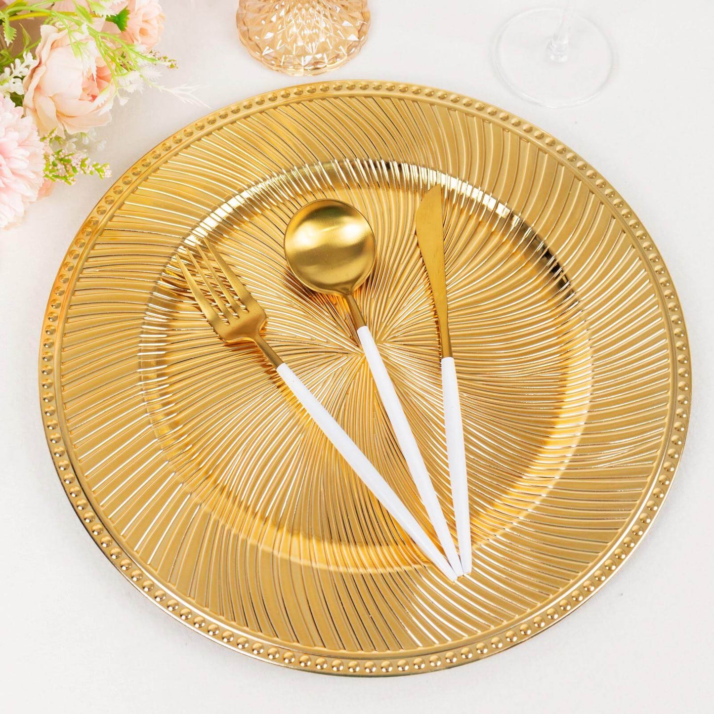 6-Pack Acrylic Round Charger Plates 13" in Metallic Gold Swirl Pattern with Beaded Rim, Plastic Decorative Dinner Party Charger Tableware
