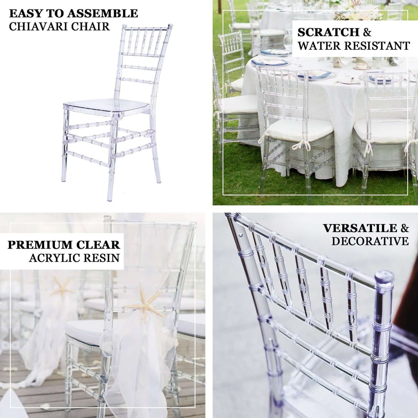 8 Pack Resin Chiavari Chairs Transparent and Stackable Clear - Sleek Armless Design for Weddings & Gatherings