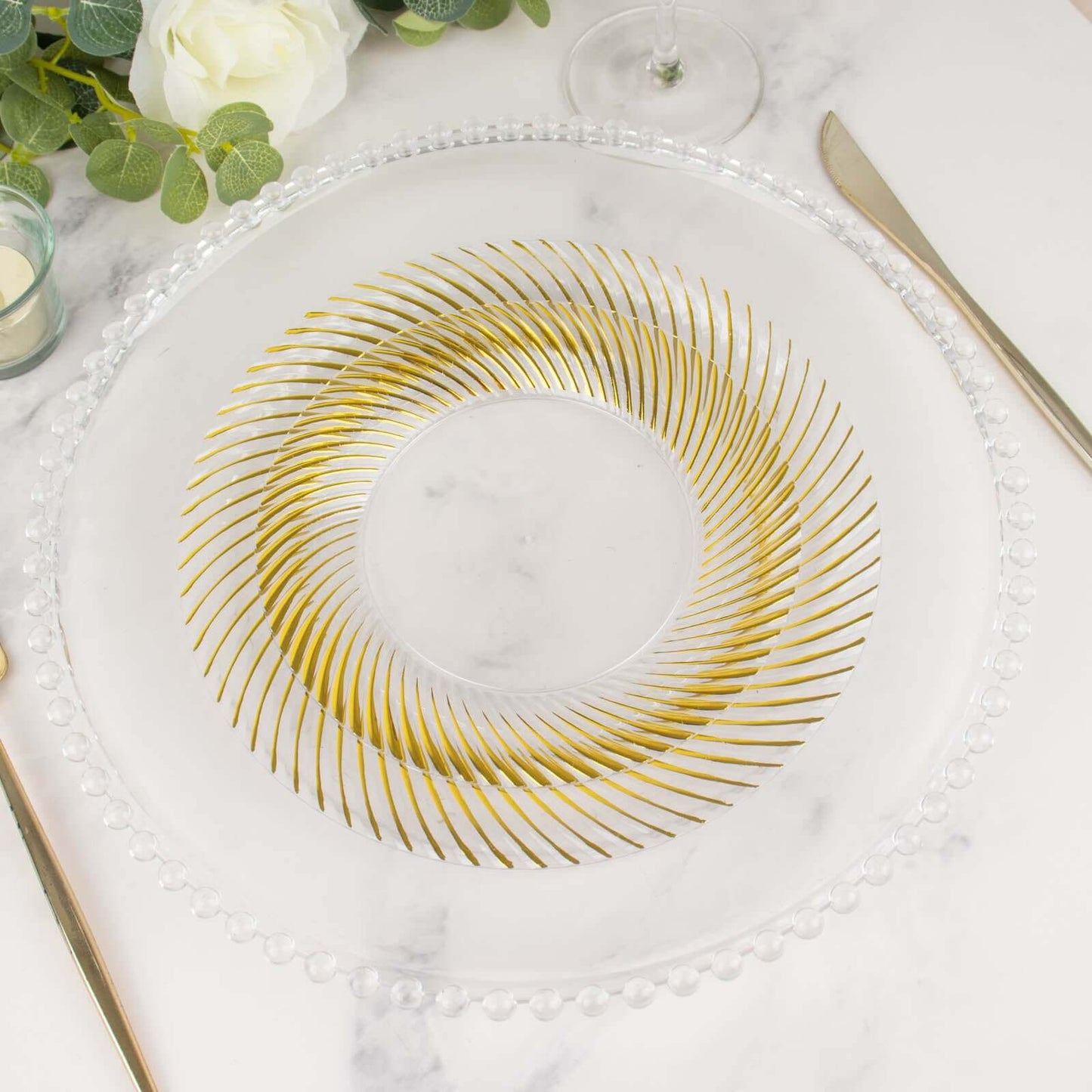 10-Pack Plastic 9" Round Dinner Plates Clear with Gold Swirl Rim - Disposable Party Plates for Classy Events & Banquets