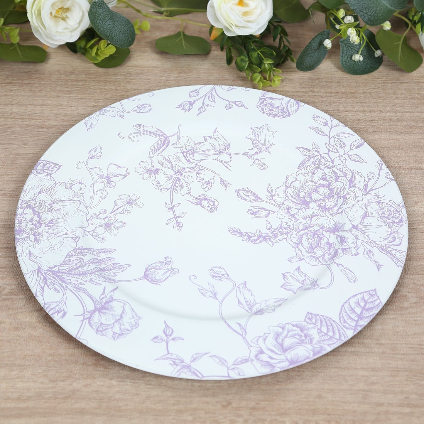 6 Pack Round Floral Acrylic Charger Plates in French Toile Pattern, 13" Matte Lavender and White Dinner Charger Event Tabletop Decor