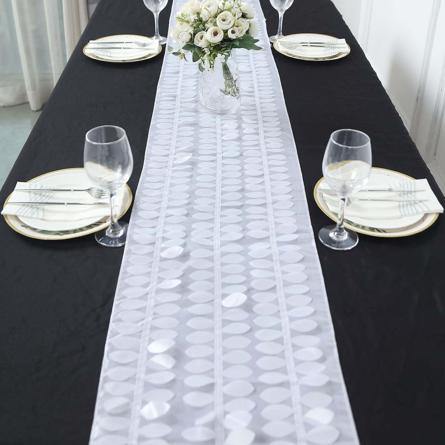 Taffeta Fabric 12"x108" Table Runner White 3D Leaf Petal - Stylish Wedding Decor
