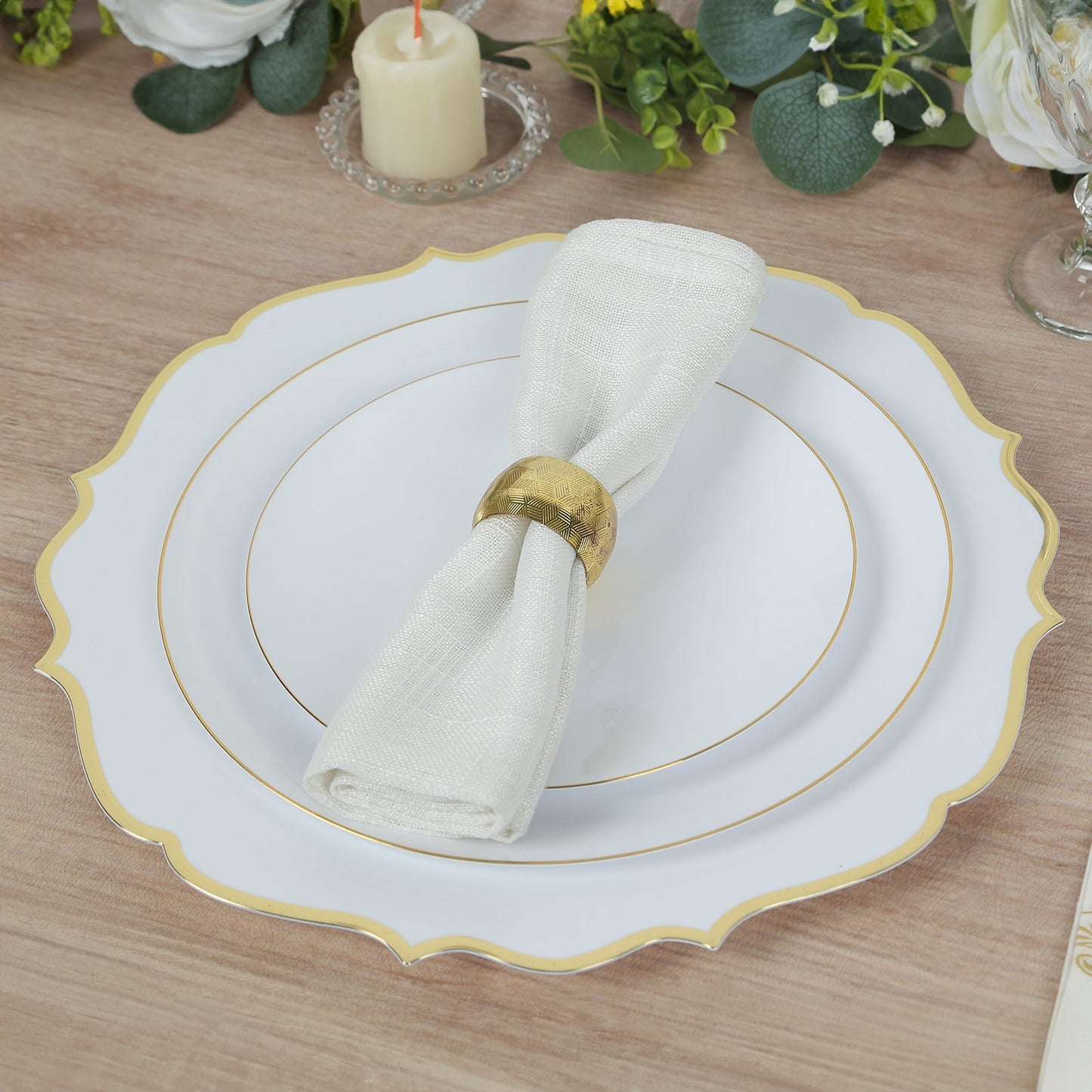 10-Pack Economy Plastic Round Charger Plates 13" in White with Gold Scalloped Rim, Decorative Dinner Party Serving Plates
