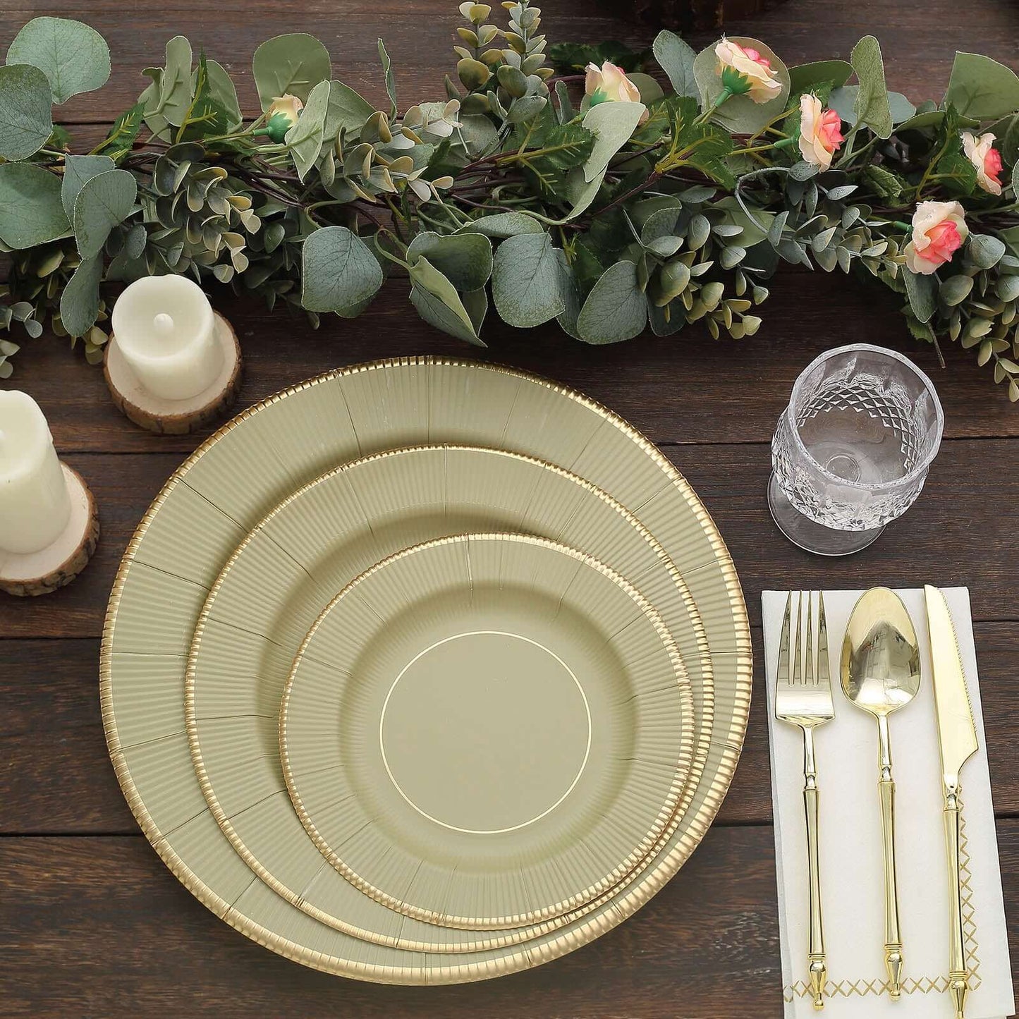 25-Pack Paper 10" Round Dinner Plates in Khaki Sunray Design with Gold Rim - Disposable Heavy Duty 350GSM Party Plates
