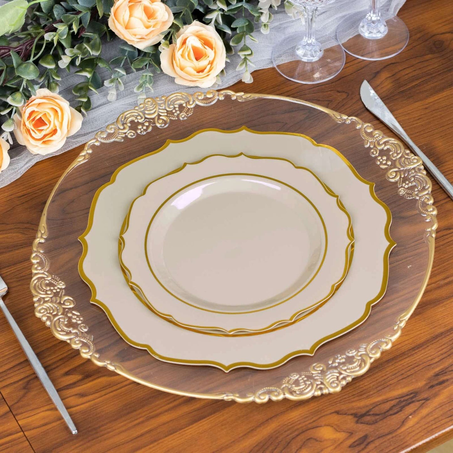 10-Pack Plastic 10" Round Dinner Plates in Taupe with Gold Scalloped Rim - Disposable Party Plates
