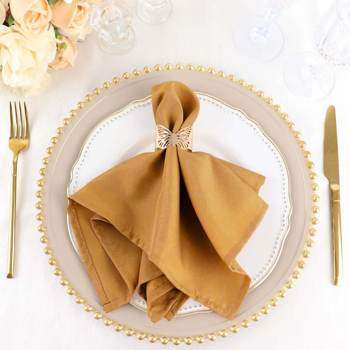 5 Pack Polyester 17"x17" Napkins Gold - Durable & Wrinkle Resistant Dinner Napkins for Everyday Dining & Events