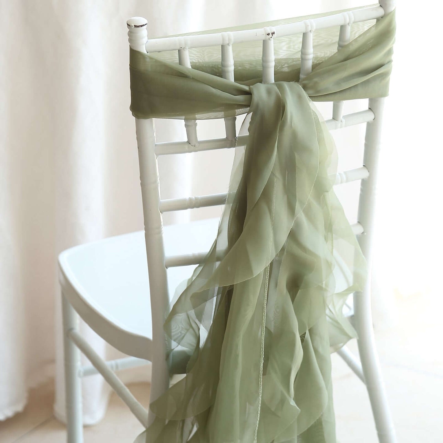 1 Set Chiffon Hoods Chair Sashes with Willow Ruffles Design Dusty Sage Green - Stylish Chair Bow Decor