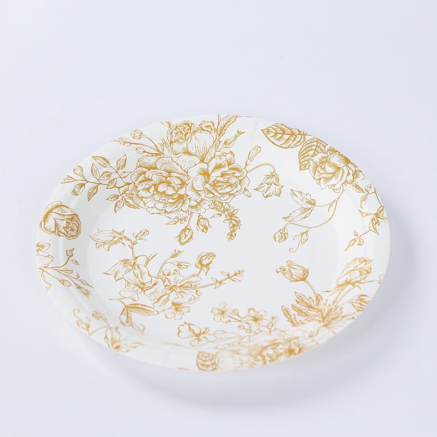 25-Pack Paper 7" Round Dessert Plates in White with Gold French Toile Pattern - Disposable Floral Salad Appetizer Plates for Chic Event Decor
