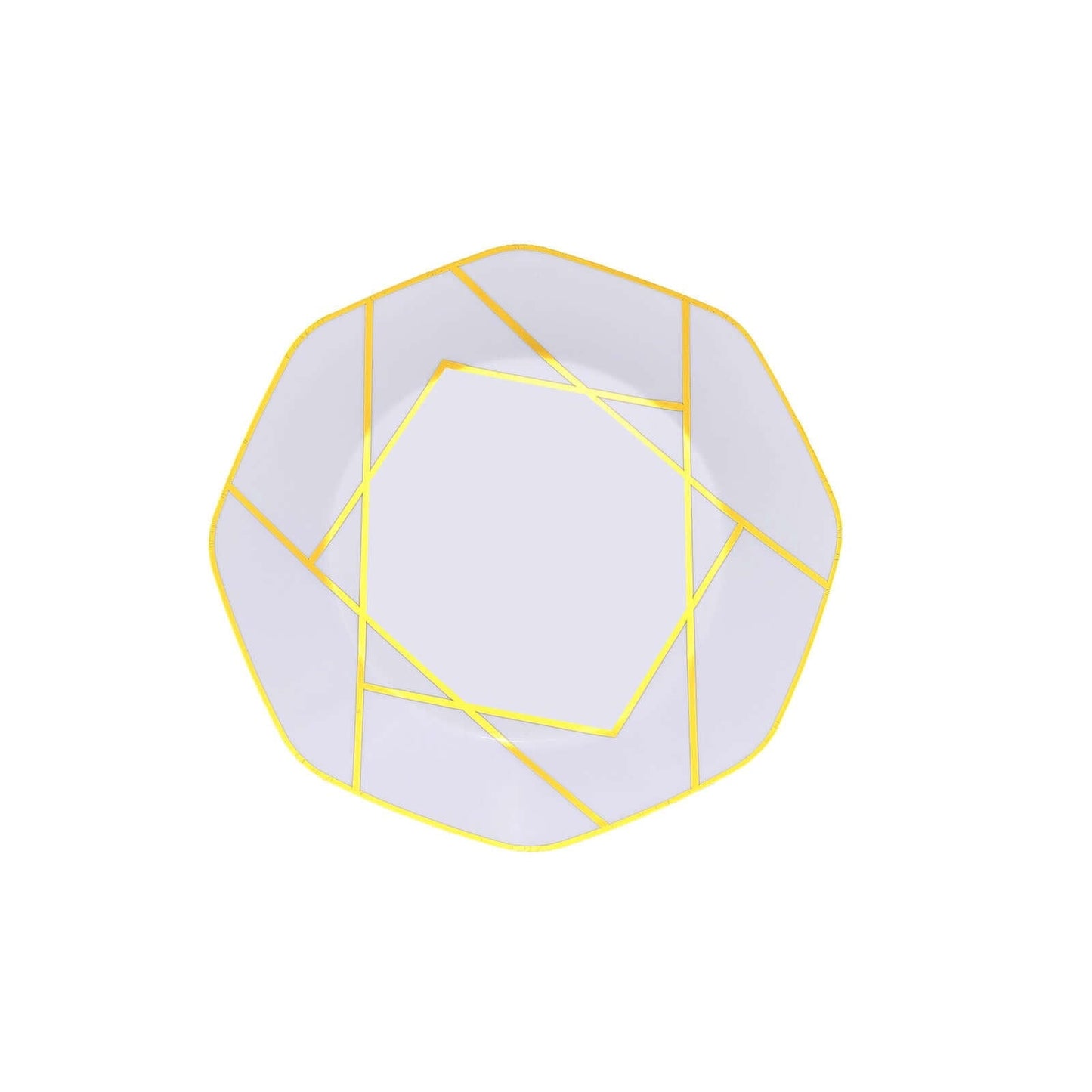 10-Pack Plastic 8" Octagon Dessert Plates in White - Modern Disposable Salad/Appetizer Plates with Gold Geometric Design for Special Occasions & Celebrations