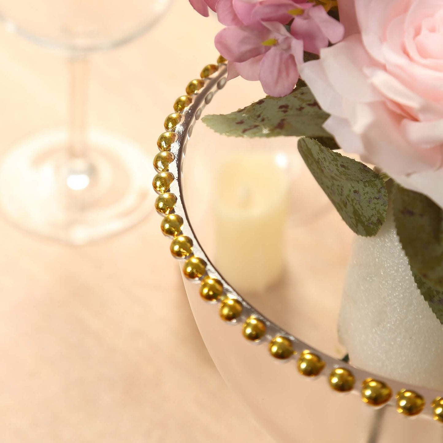 Compote Pedestal Bowl Glass Flower Vase Clear with Gold Beaded Rim - Footed Candy Trifle Bowl for Displays 8"