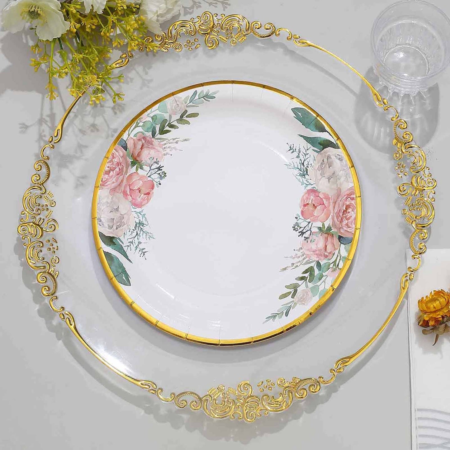 25-Pack Paper 7" Round Dessert Plates in White with Peony Floral Design & Gold Rim - Disposable Floral Salad Appetizer Plates for Brunches & Afternoon Teas