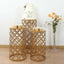Set of 3 Gold Metal Cylinder Pillar Cake Display Stands, Round Mesh Plinth Pedestal Stand in Hollow Overlapping Circles Pattern - 22",24",30"