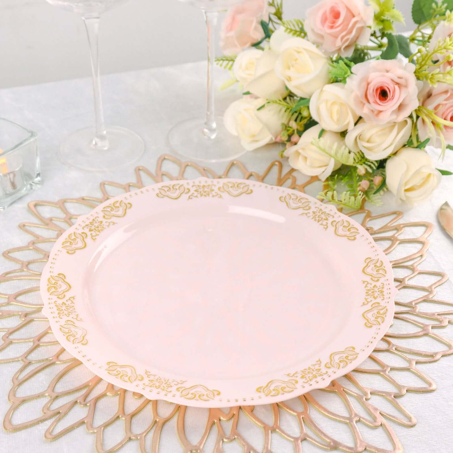 10-Pack Plastic 10" Round Dinner Plates in Blush with Gold Embossed Scalloped Edge - Chic Disposable Party Plates for Special Occasions & Banquets
