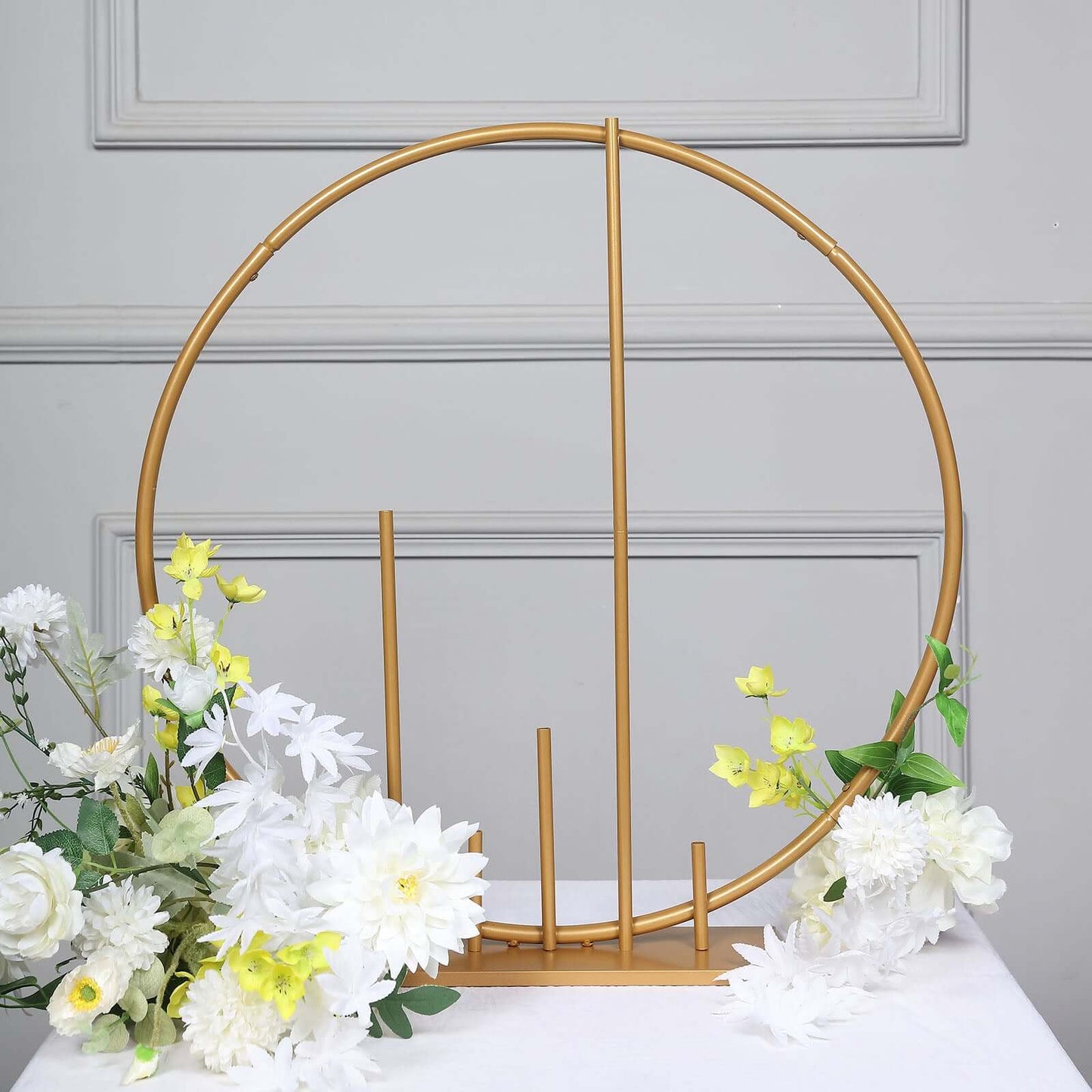 Round Floral Hoop Wedding Centerpiece Metal with Pillars Gold - Self-Standing Balloon Arch for Events 24"